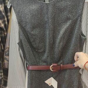 Zara Charcoal Knit Dress with Burgundy Belt